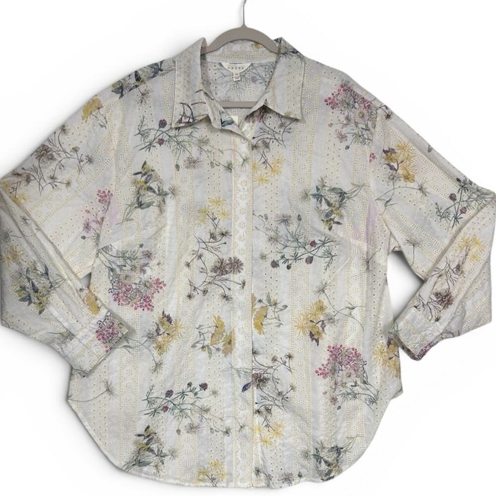 Adiva White Cream Button Down Shirt Embroidered Eyelet Detail Floral Print NWT